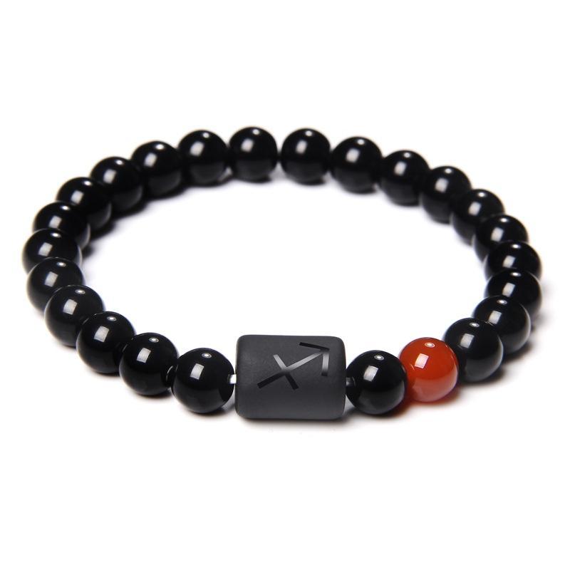 12 Constellation Natural Black Onyx Stone Elastic Bracelet