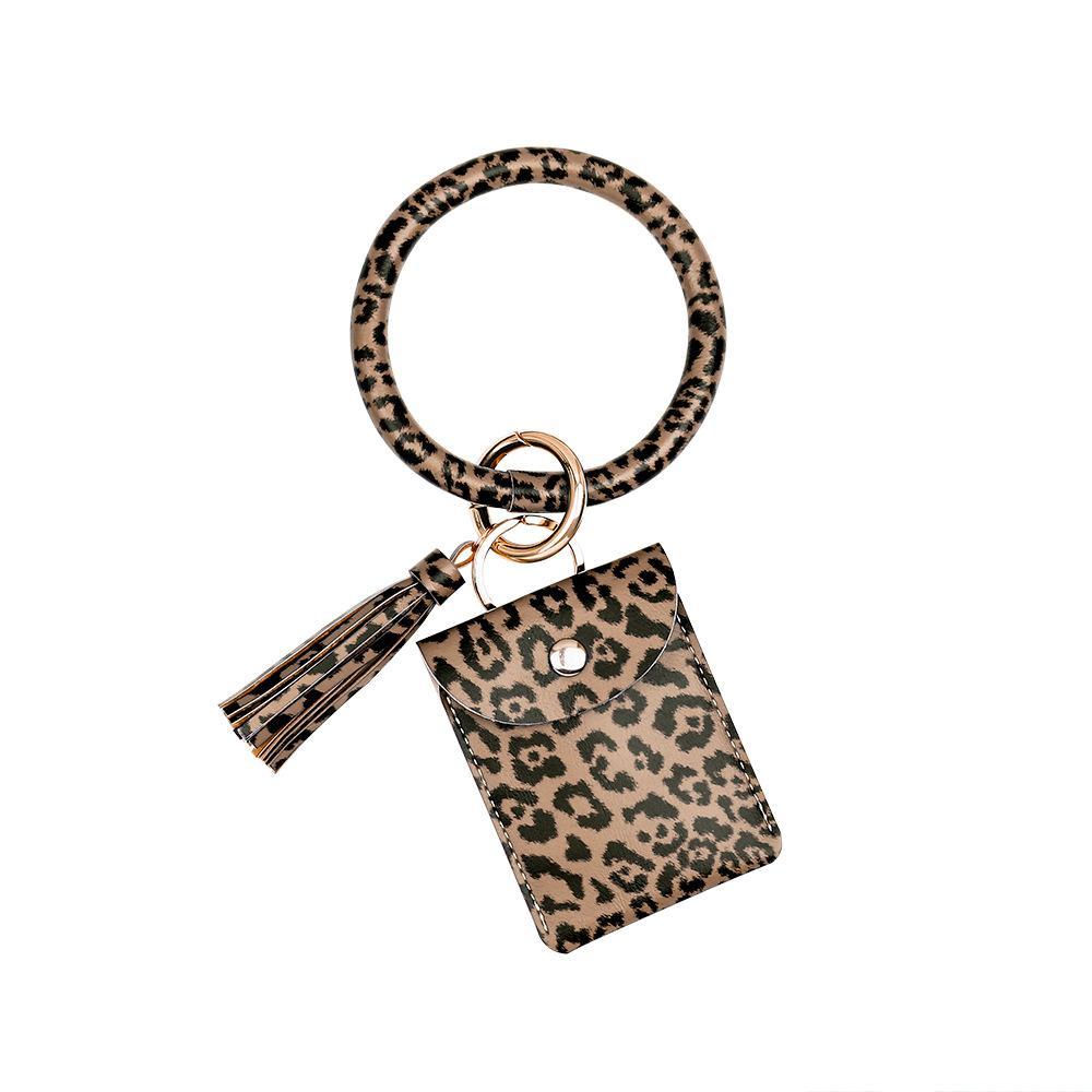 Bracelet Keychain Leopard PU Leather Fringe Card Wrist Wallet