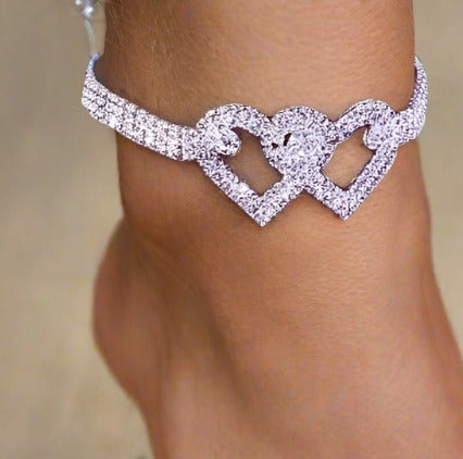 Rhinestone Double Heart Anklet