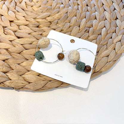 Contrast Retro Wood Bead Stone Rattan Earrings