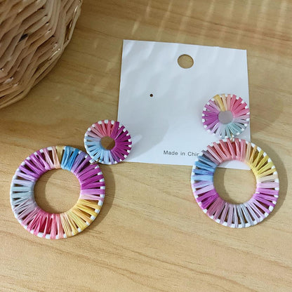 Colorful Lafite Hand woven Geometric Double Round Earrings