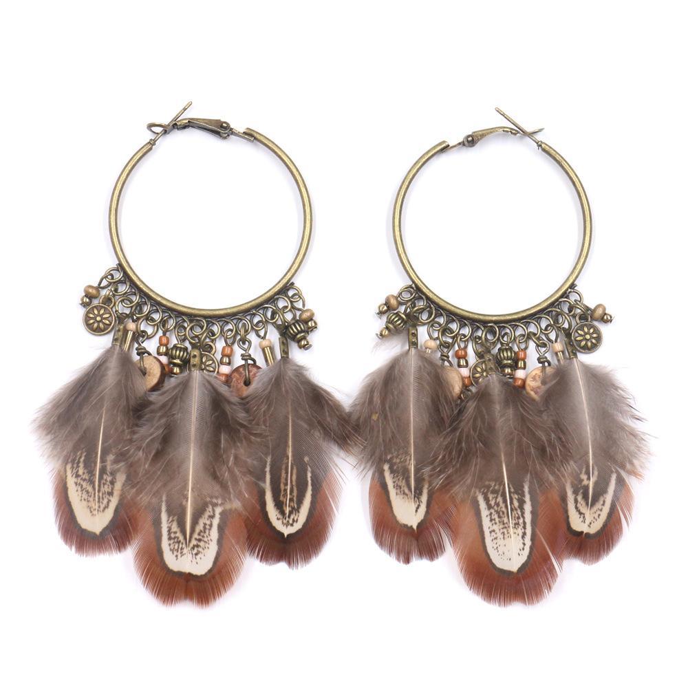 Retro Ethnic Round Gradient colour Feather Pendant Earrings