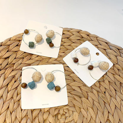 Contrast Retro Wood Bead Stone Rattan Earrings