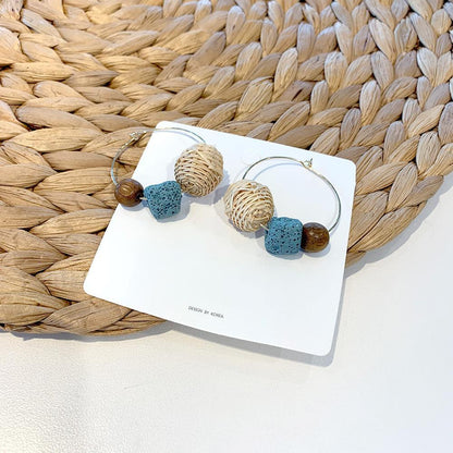 Contrast Retro Wood Bead Stone Rattan Earrings