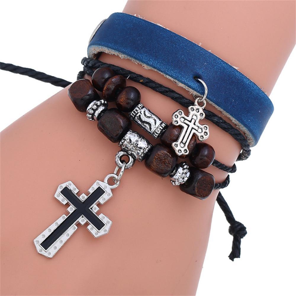 Handmade Christian Cross Leather Wristband Bracelet