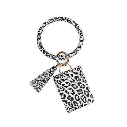 Bracelet Keychain Leopard PU Leather Fringe Card Wrist Wallet