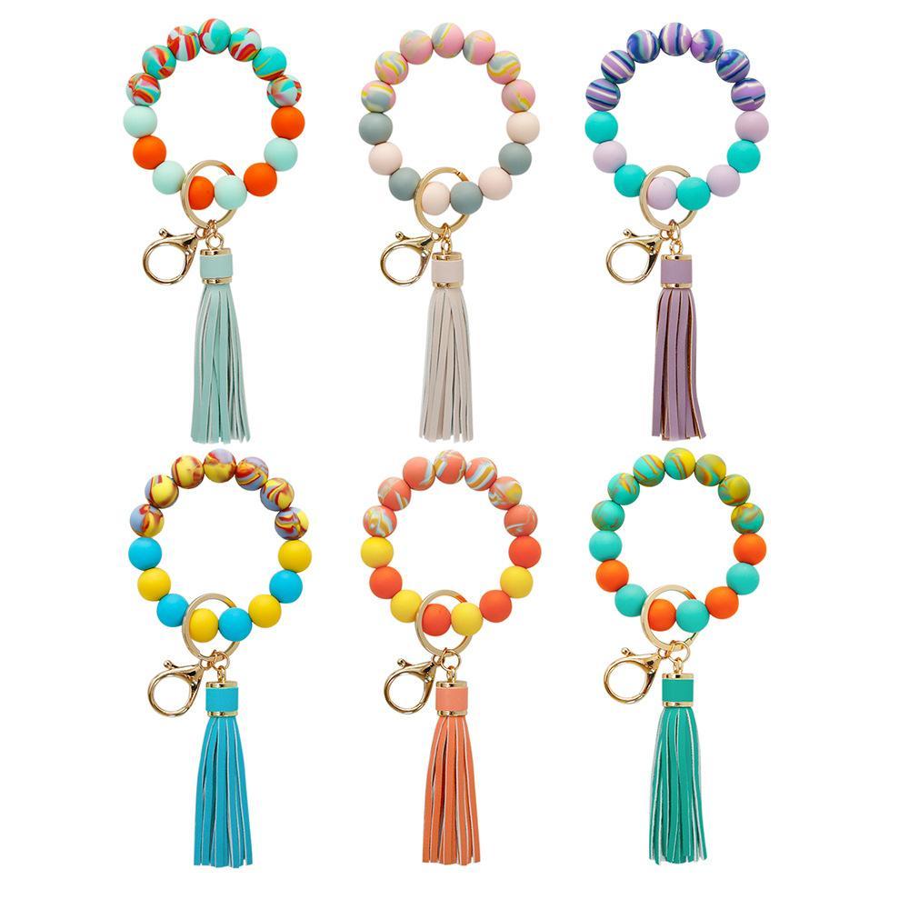 Color Silicone Beads Tassel Bracelet Wrist Keychain