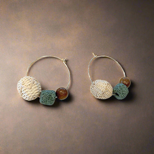 Contrast Retro Wood Bead Stone Rattan Earrings