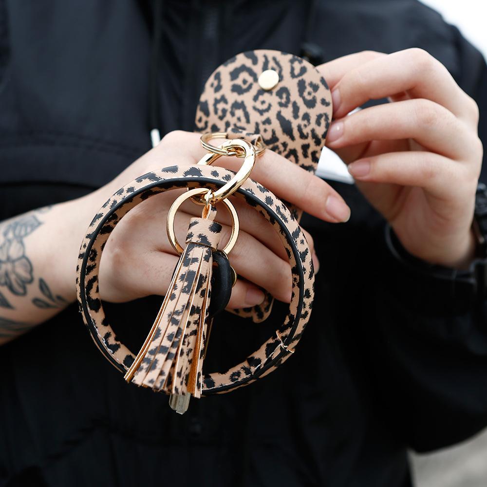 Bracelet Keychain Leopard PU Leather Fringe Card Wrist Wallet