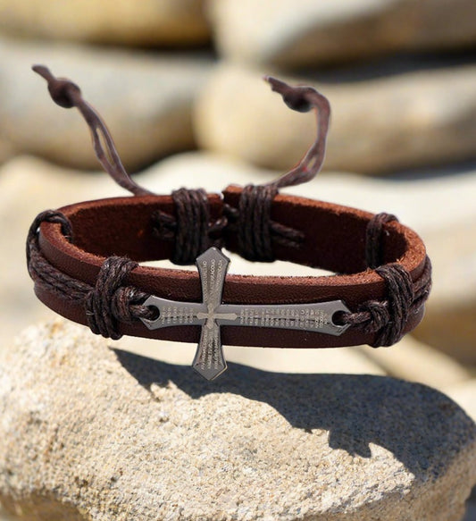 Handmade Christian Cross Leather Wristband Bracelet