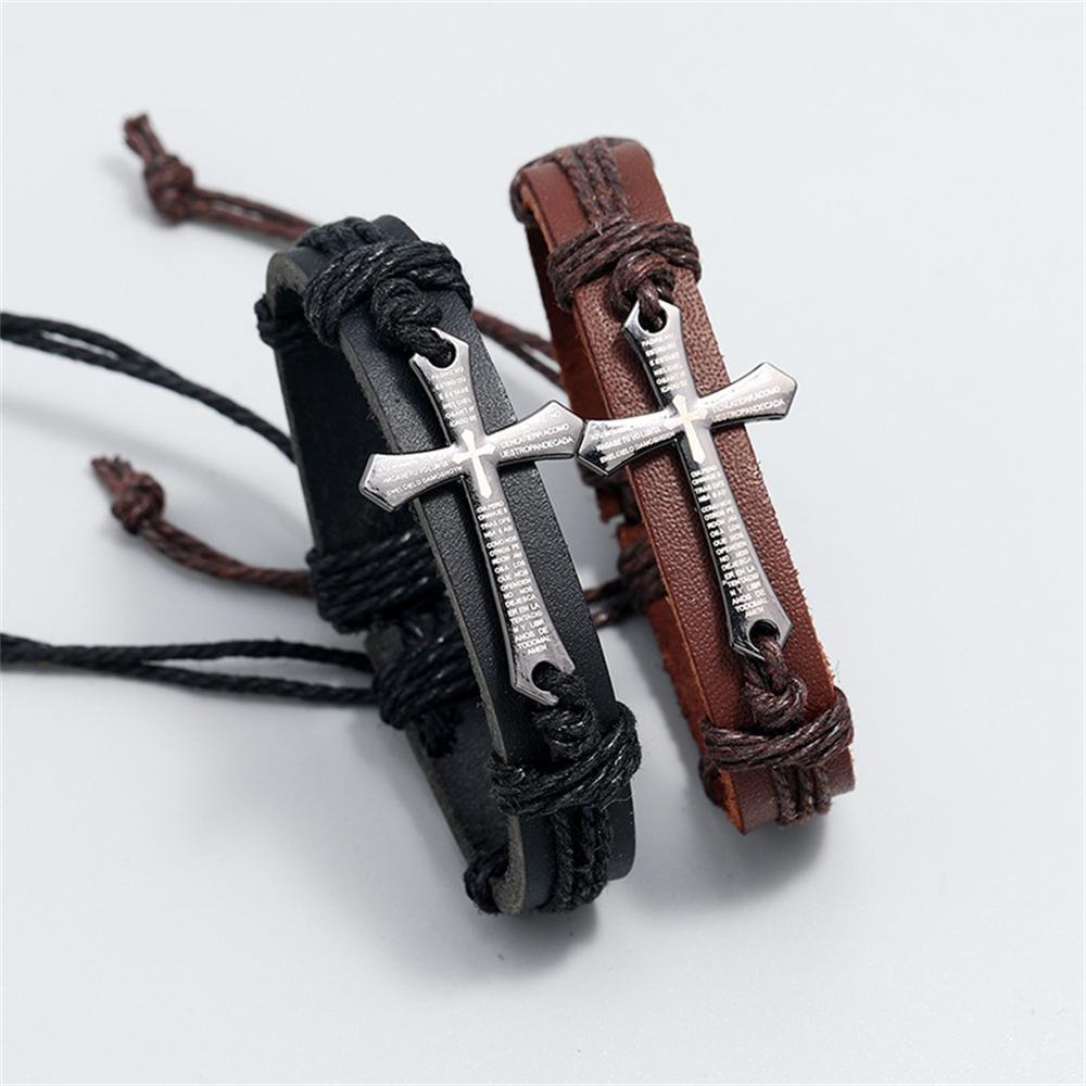 Handmade Christian Cross Leather Wristband Bracelet