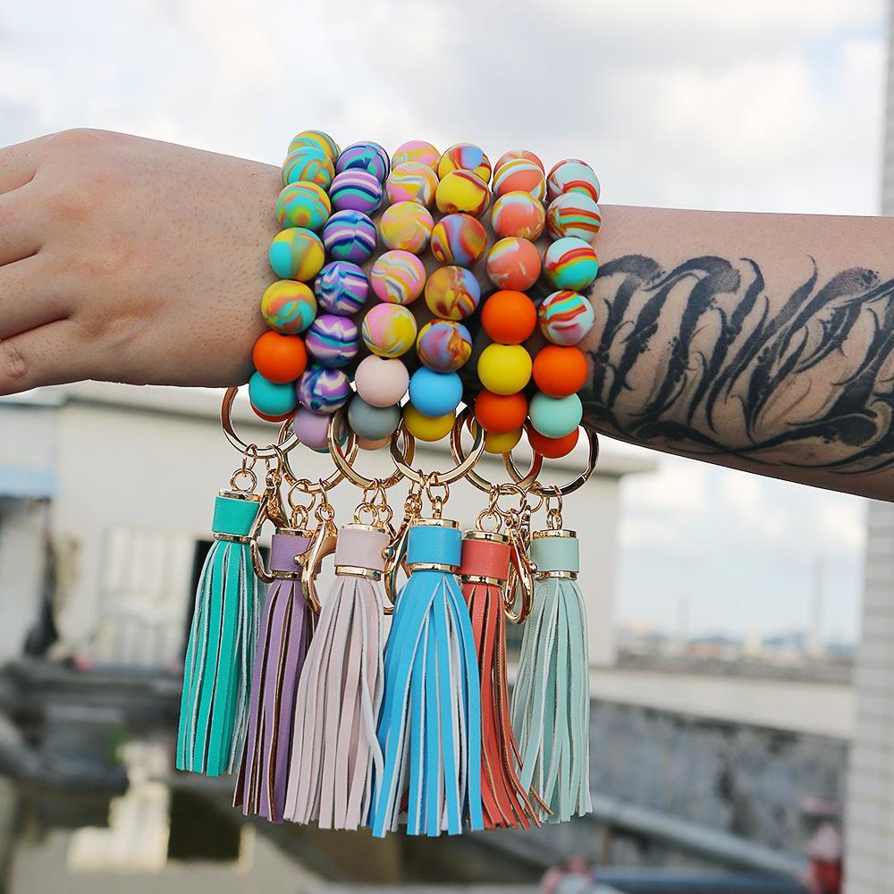 Color Silicone Beads Tassel Bracelet Wrist Keychain