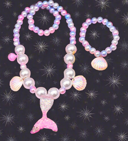 Children's Beauty Fishtail Pearl Necklace Bracelet Ring Earring Set