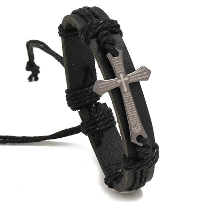 Handmade Christian Cross Leather Wristband Bracelet