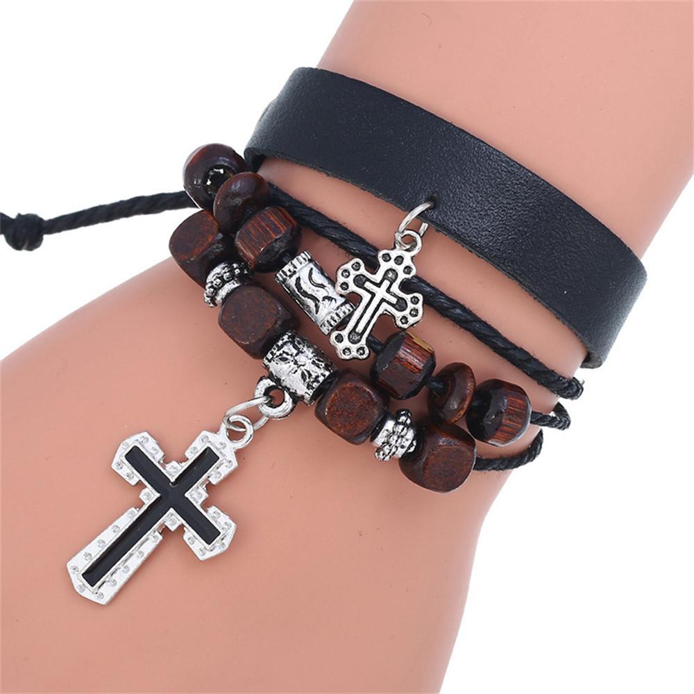 Handmade Christian Cross Leather Wristband Bracelet