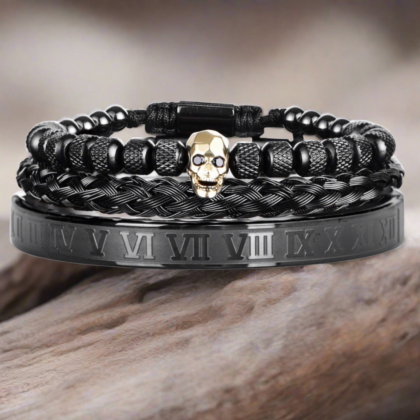 3pcs/Set Skull Charm Black Bracelet