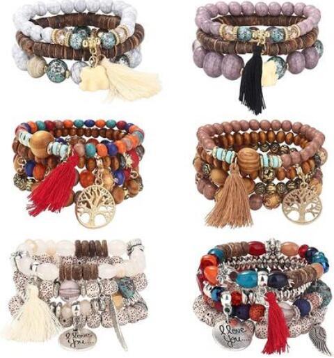 30 Sets Bohemian Multilayer Stackable Tassel Beaded Bracelets