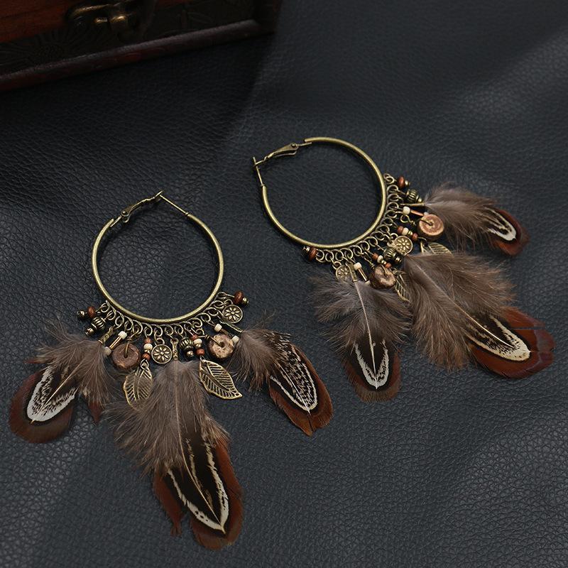 Retro Ethnic Round Gradient Feather Pendant Earrings