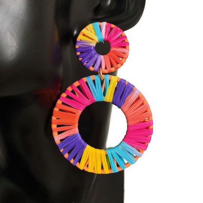 Colorful Lafite Hand woven Geometric Double Round Earrings