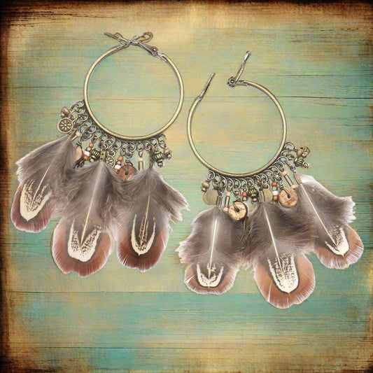 Retro Ethnic Round Gradient Feather Pendant Earrings