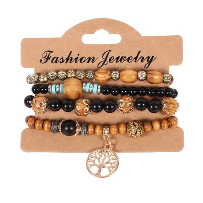 Handmade Bohemia Wood Beads Chain Bracelet Set