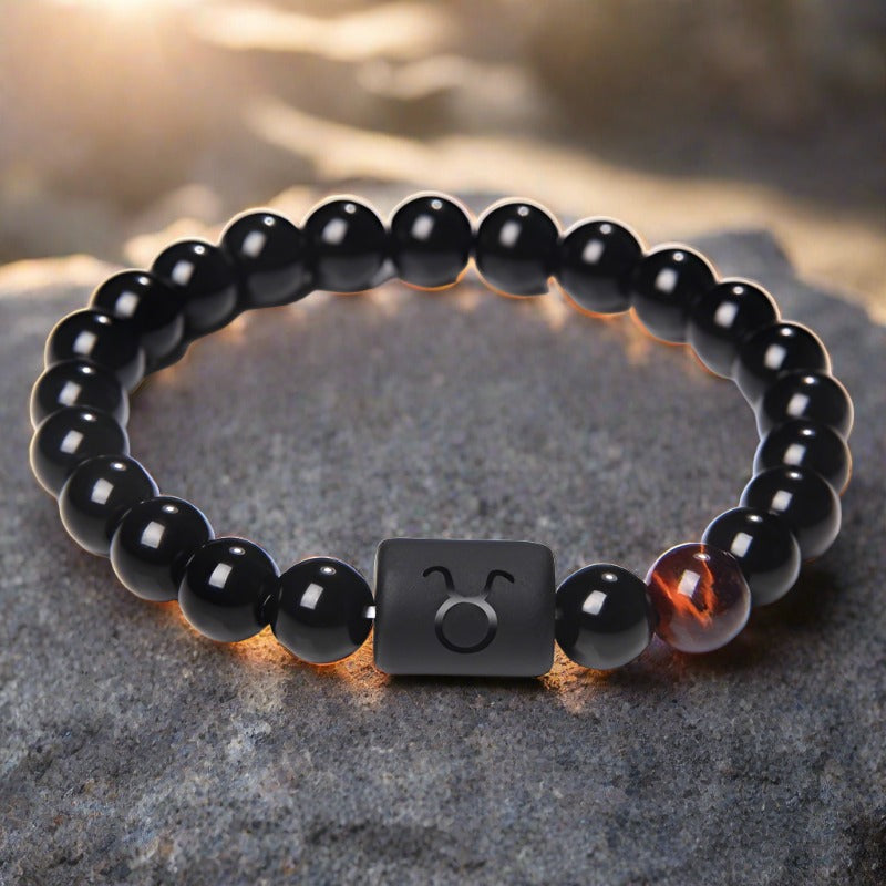 12 Constellation Natural Black Onyx Stone Elastic Bracelet