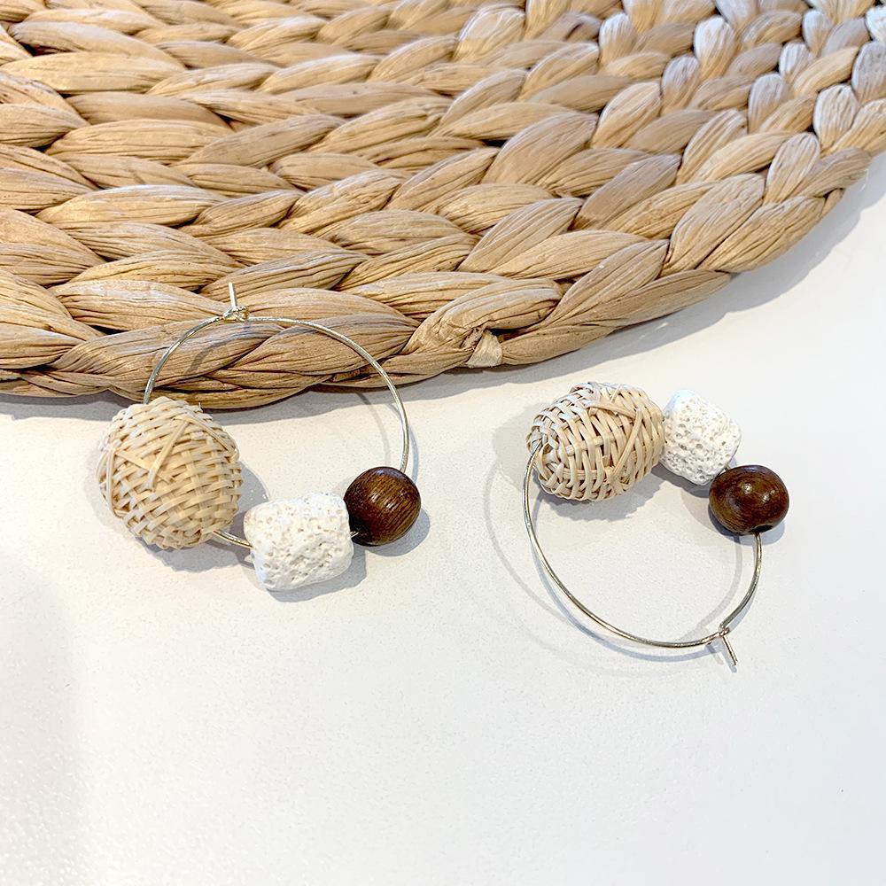 Contrast Retro Wood Bead Stone Rattan Earrings