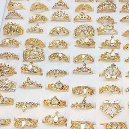 100Pcs Gold Plated Shine Crown Crystal Rings,Assorted style