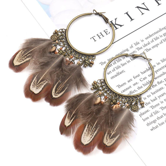 Retro Ethnic Round Gradient colour Feather Pendant Earrings