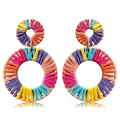 Colorful Lafite Hand woven Geometric Double Round Earrings