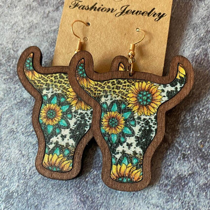 Handmade Wooden Cow Head Bezel Sunflower Earrings