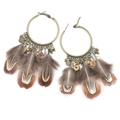 Retro Ethnic Round Gradient colour Feather Pendant Earrings