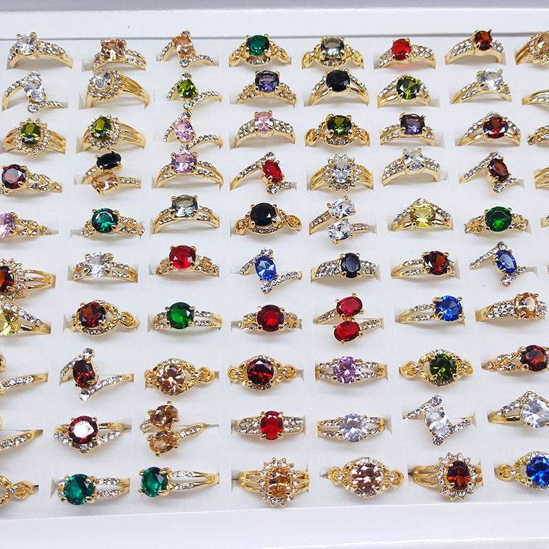 100Pcs Gold Plated Colorful Zircon Ring,Assorted style