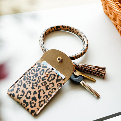 Bracelet Keychain Leopard PU Leather Fringe Card Wrist Wallet