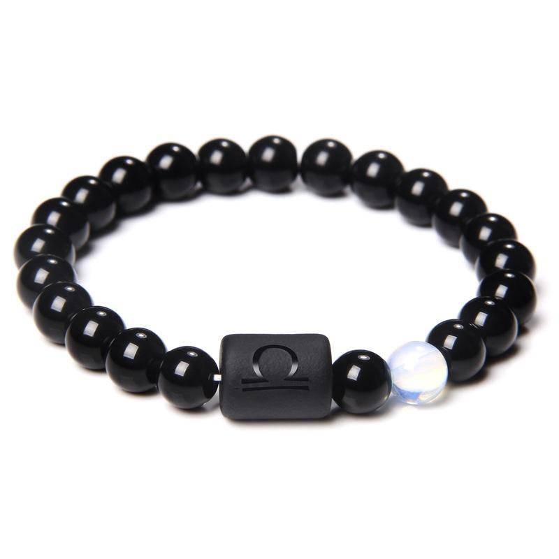 12 Constellation Natural Black Onyx Stone Elastic Bracelet