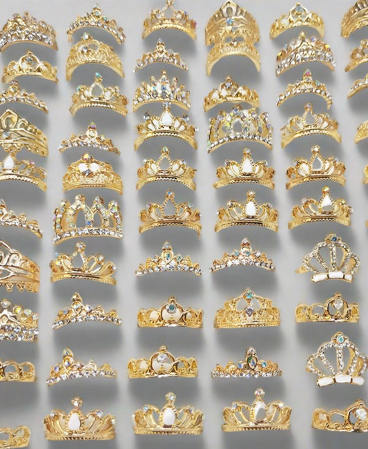 100Pcs Gold Plated Shine Crown Crystal Rings,Assorted style