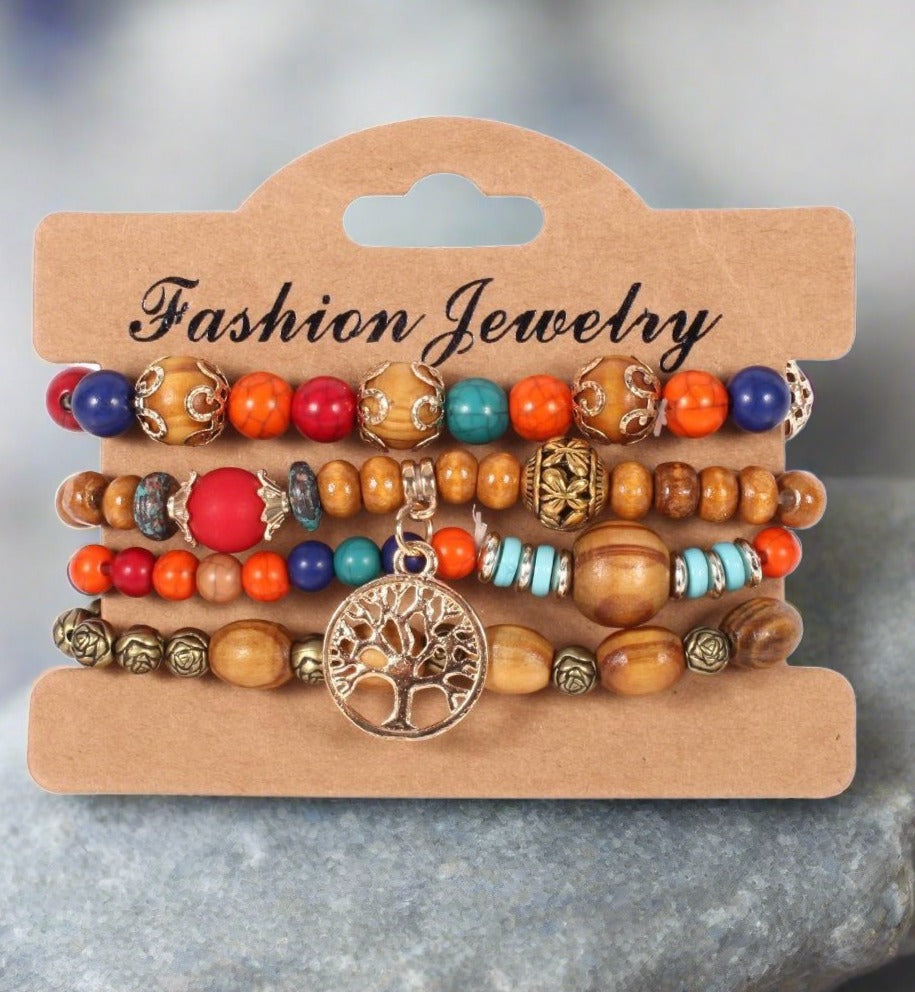 Handmade Bohemia Wood Beads Chain Bracelet Set