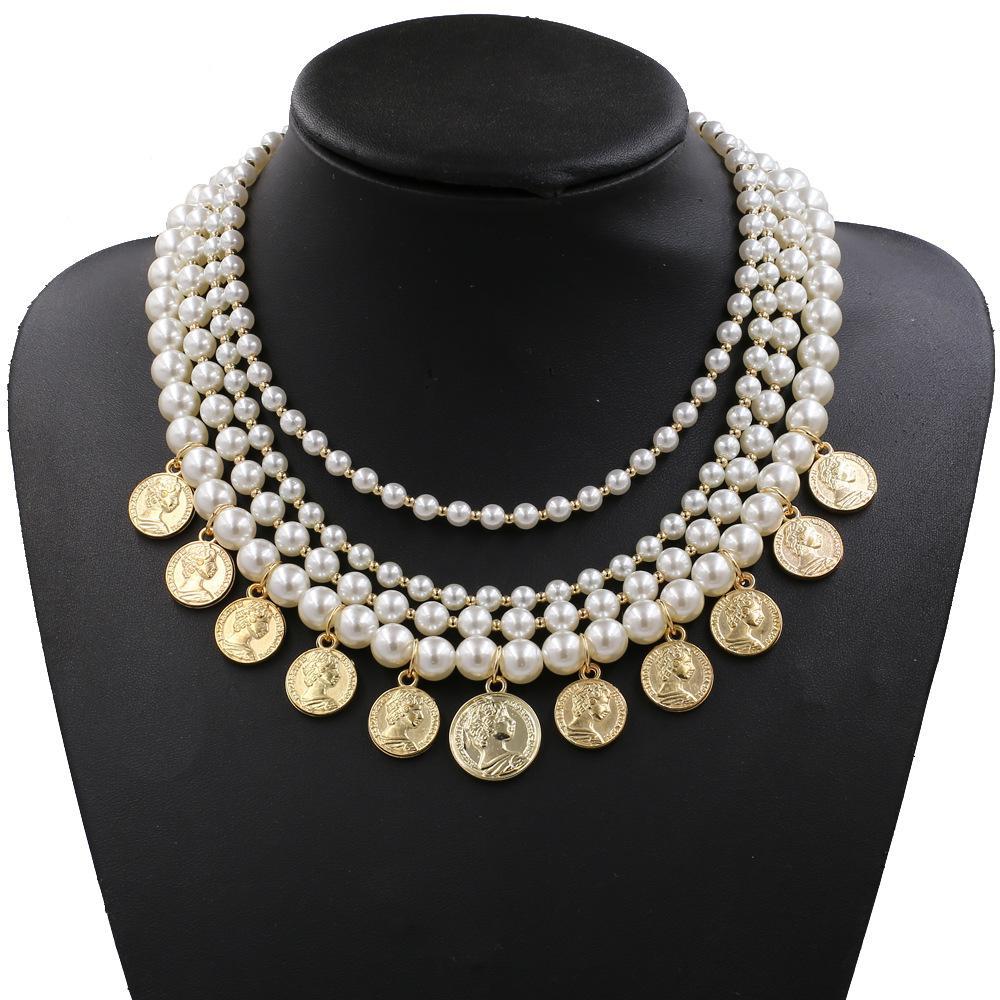 Antique Jewelry Imitation Pearl with Golden Coin Necklace