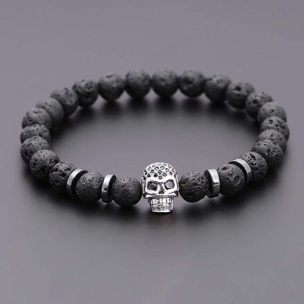 Handmade Black Eye Skull Lava Stone Bracelet