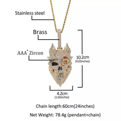 Rock Punk Men CZ Big 3D Shaped Skull Necklace