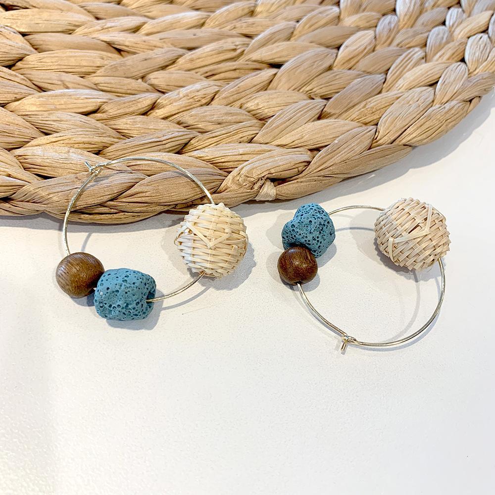 Contrast Retro Wood Bead Stone Rattan Earrings