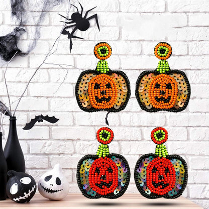 Handmade Halloween Sequins Rice Beads Pumpkin Earrings