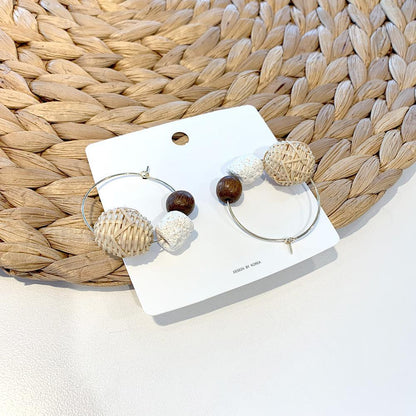 Contrast Retro Wood Bead Stone Rattan Earrings